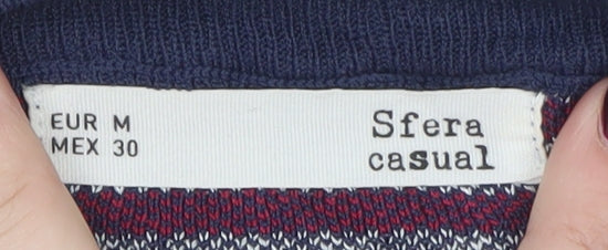 Sfera Women Blue Geometric Knit Short Sleeve Pullover Jumper Size 12