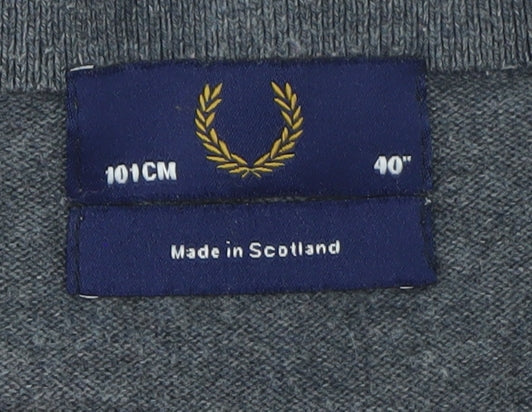 Fred Perry Men's Grey Wool V-Neck Jumper Size M Classic Knitwear