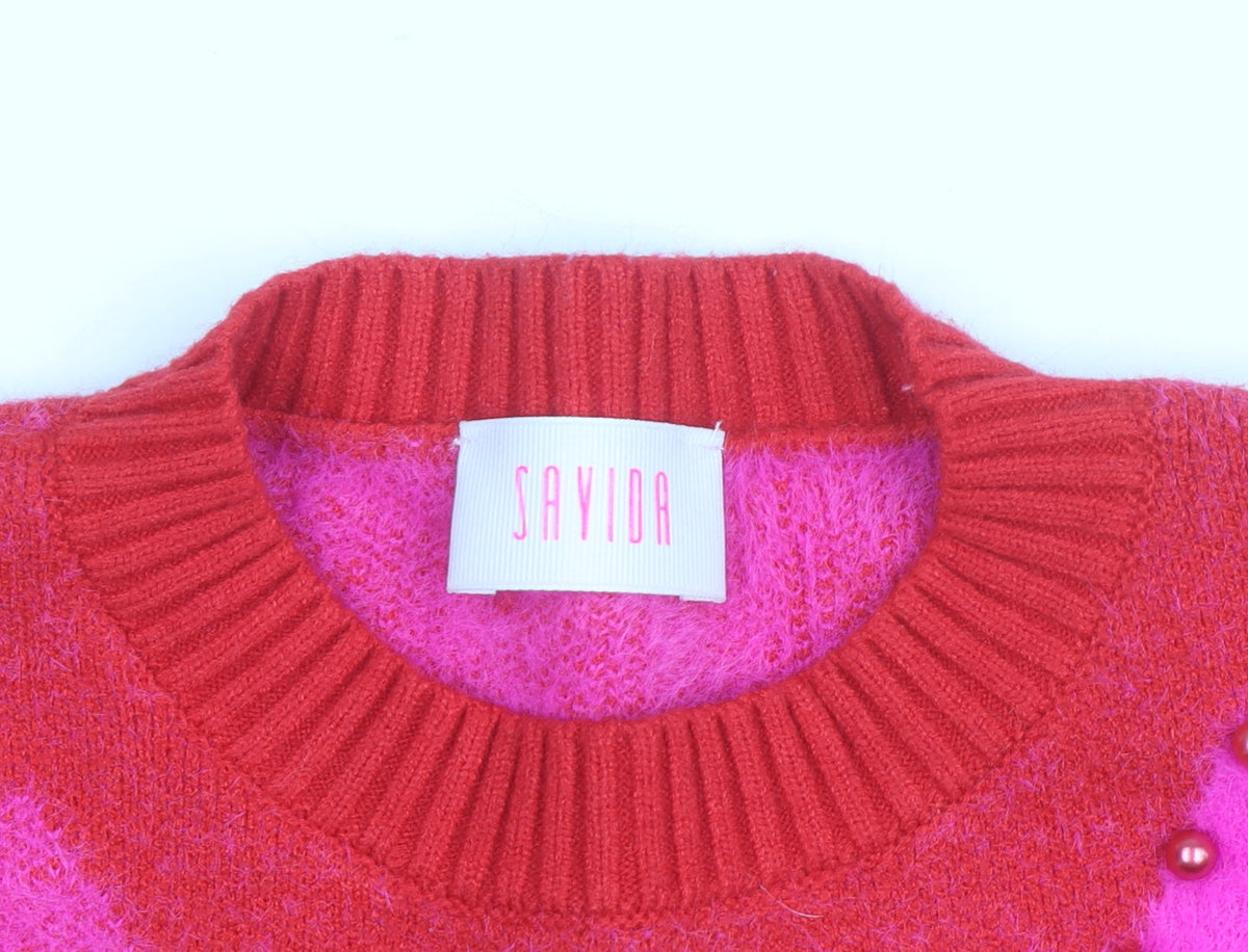 Savida Women's Red Pink Star Beaded Crew Neck Jumper Size 12