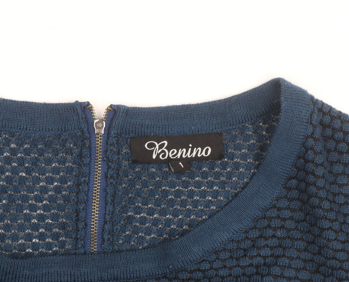 Benino Men's Blue Knit Pullover Jumper Size S with Back Zip