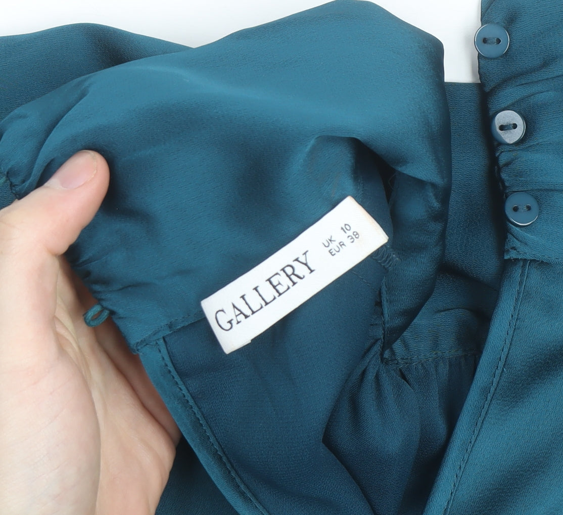 Gallery Women's Blue Satin High Neck Long Sleeve Tunic Blouse Size 10