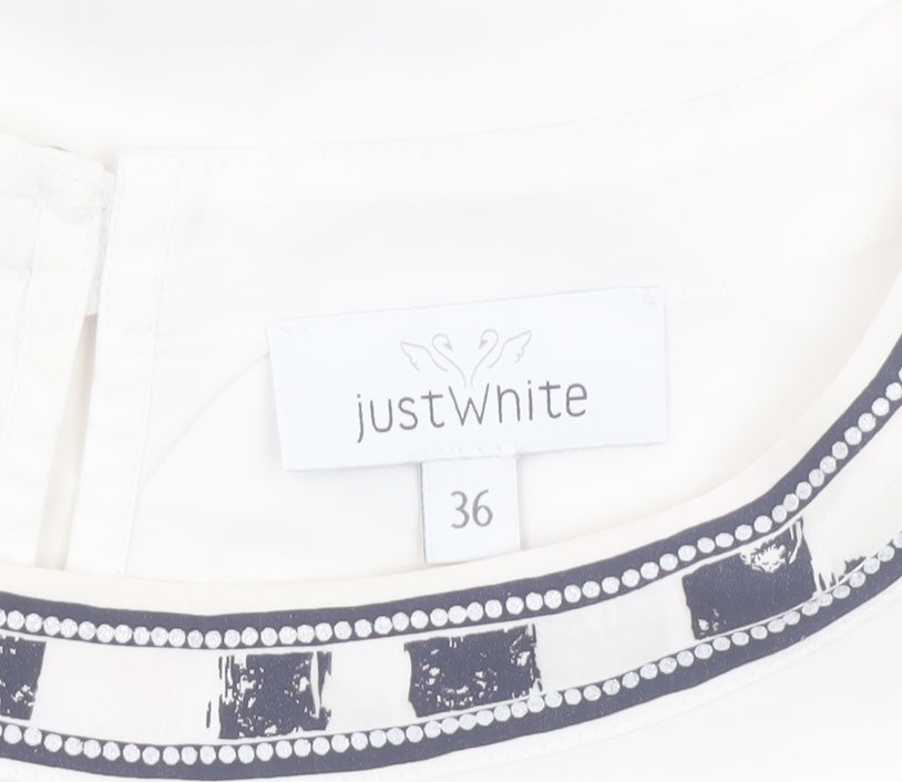 Just White Womens White Long Sleeve Blouse Size 8 Beaded Neckline