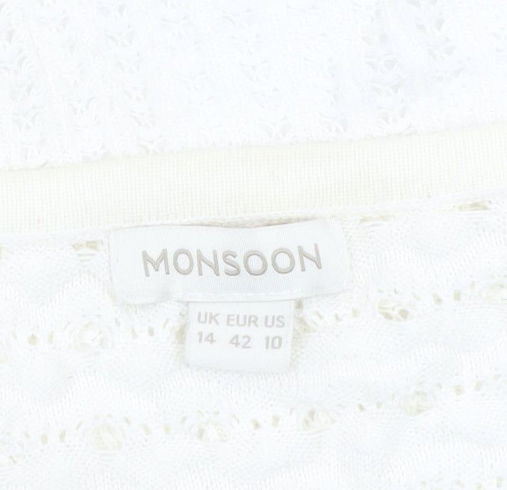 Monsoon Women’s Ivory Knit Cardigan UK 14 Crew Neck Open Knit