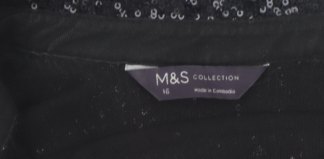 Marks & Spencer Women’s Black Sequin Button-Up Long Sleeve Top Size 16