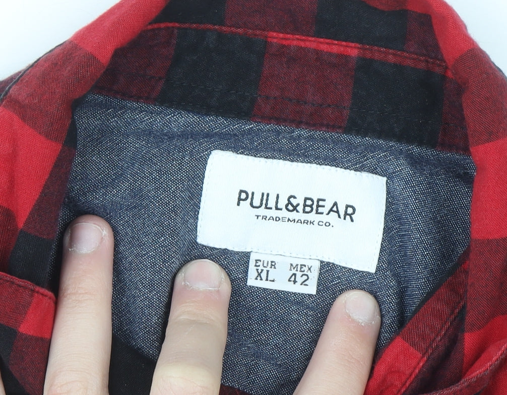 Pull & Bear Men's Red Check Button-Up Flannel Shirt XL