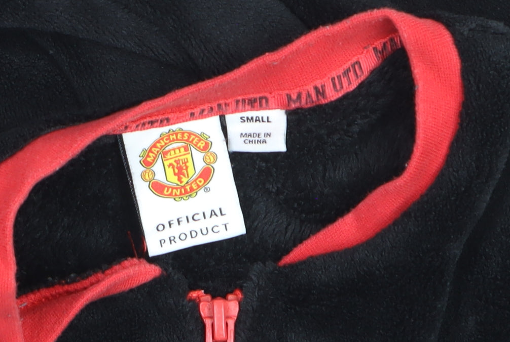 Manchester United Boys Black Fleece One Piece Pyjama S Zip Up Winter Nightwear