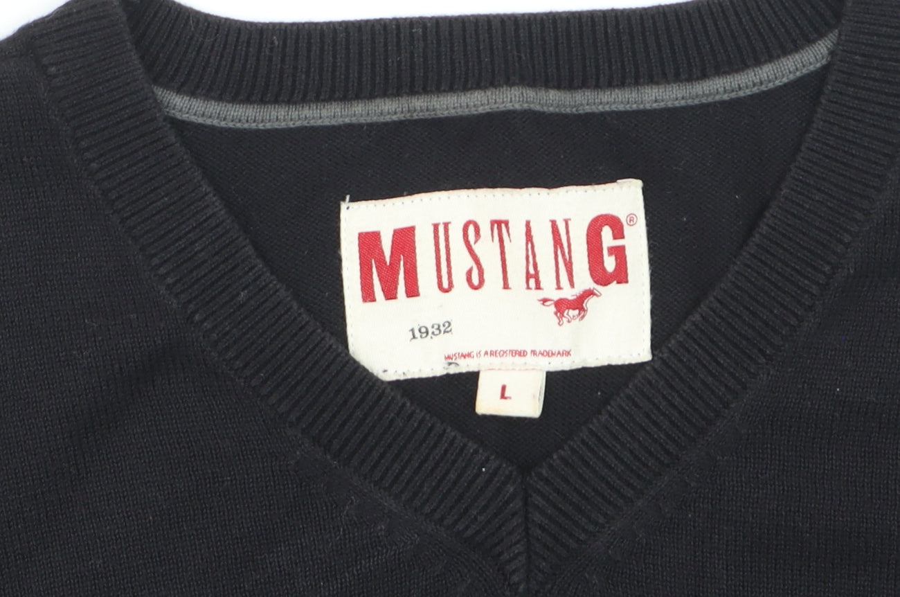Mustang Men's Black V-Neck Cotton Pullover Jumper Size L