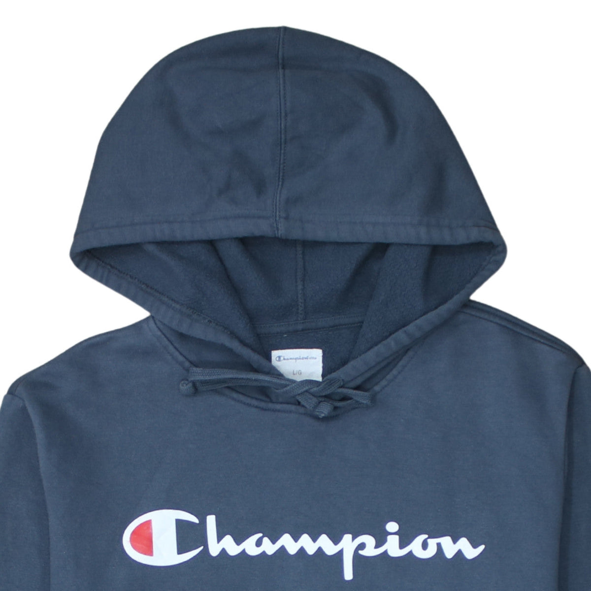 Champion Men Blue Pullover Hoodie L Graphic Logo Fleece Sweatshirt