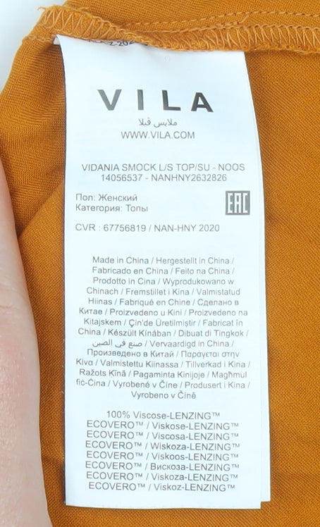 VILA Womens Orange Long Sleeve Smocked High Neck Tunic Blouse Size 10