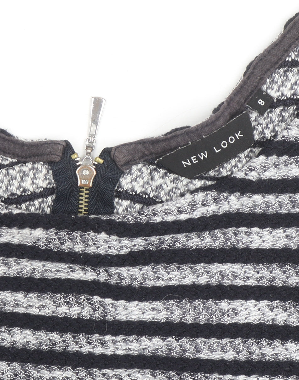 New Look Women’s Black Striped Knit Blouse Size 8 Zip Back 3/4 Sleeve
