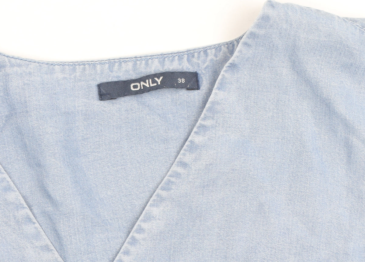 Only Women's Blue Cotton Tunic Blouse Size 10 V-Neck Bell Sleeve