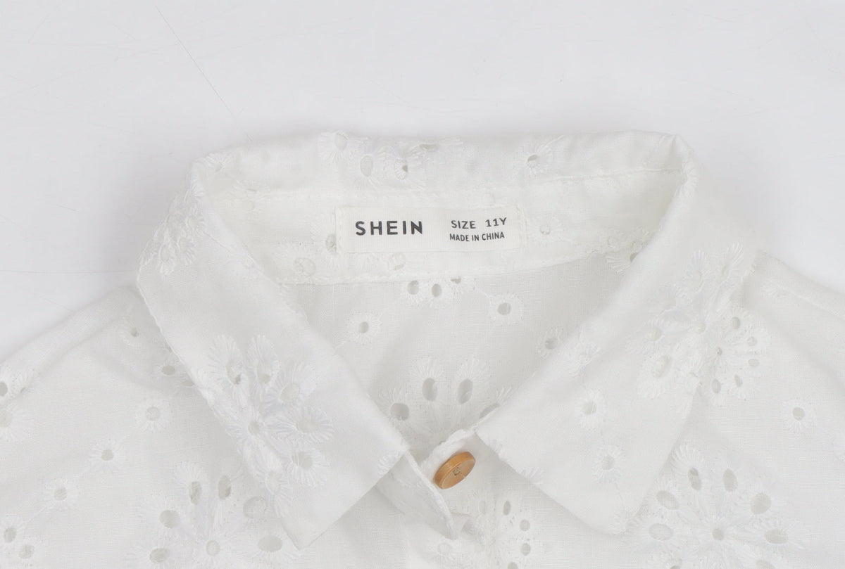 SHEIN White Floral Embroidered Button-Up Shirt Teens L