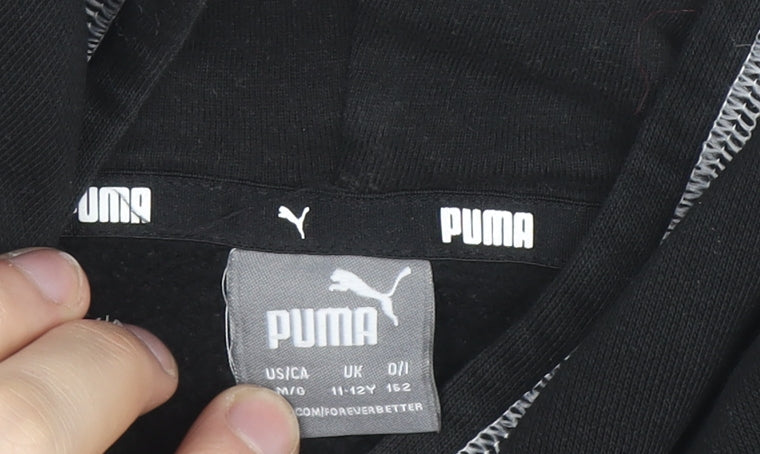Puma Girls Black 11-12 Years Pullover Logo Hoodie Fleece