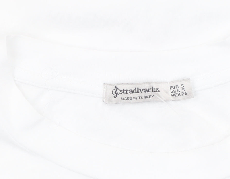 Stradivarius Women White Floral Graphic T-Shirt Short Sleeve Size S