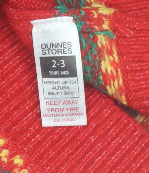 Dunnes Stores Girls Red Fair Isle Christmas Jumper 2-3 Years Acrylic Blend