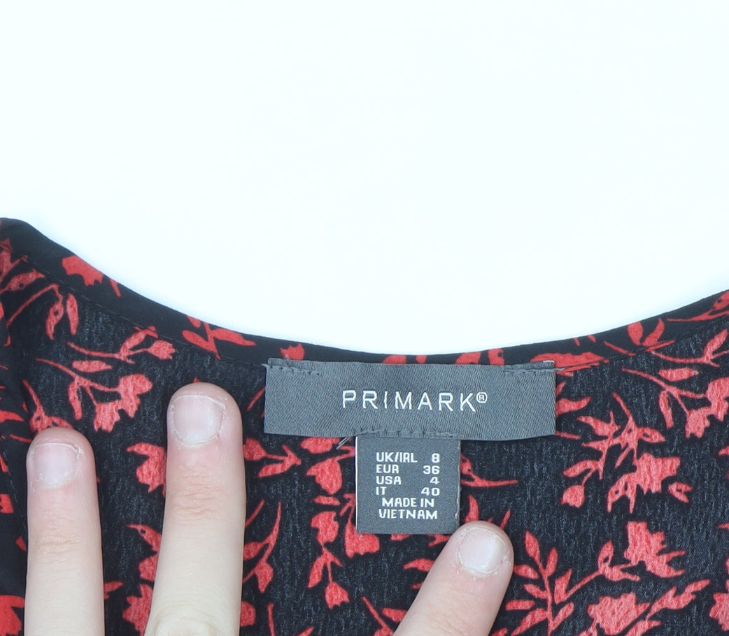 Primark Women’s Black Red Floral A-Line V-Neck 3/4 Sleeve Dress Size 8