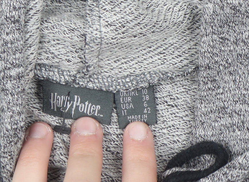 Harry Potter Women's Grey Cropped Pullover Hoodie Size 10 Hogwarts Print
