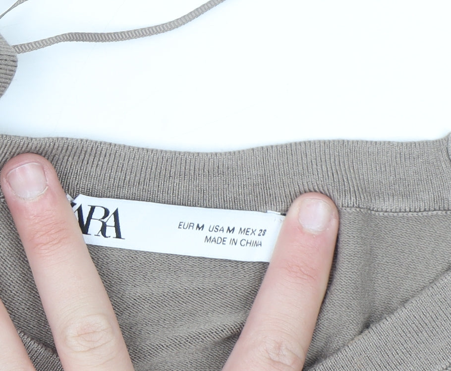 ZARA Women Beige V-Neck Henley Knit Jumper Size 12