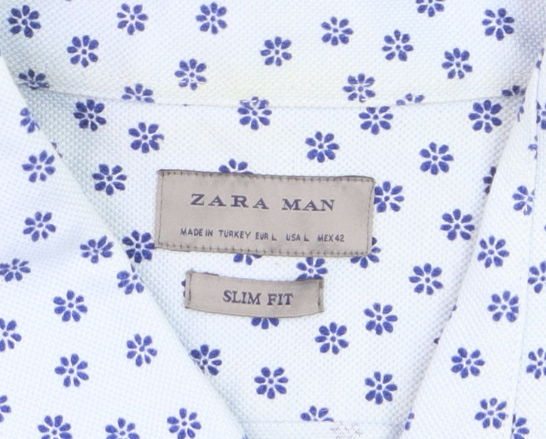 Zara Unisex White Floral Slim Fit Long Sleeve Button-Up Shirt L