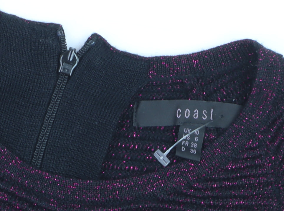 Coast Women Black & Purple Fit & Flare Short Sleeve Knit Dress UK 10