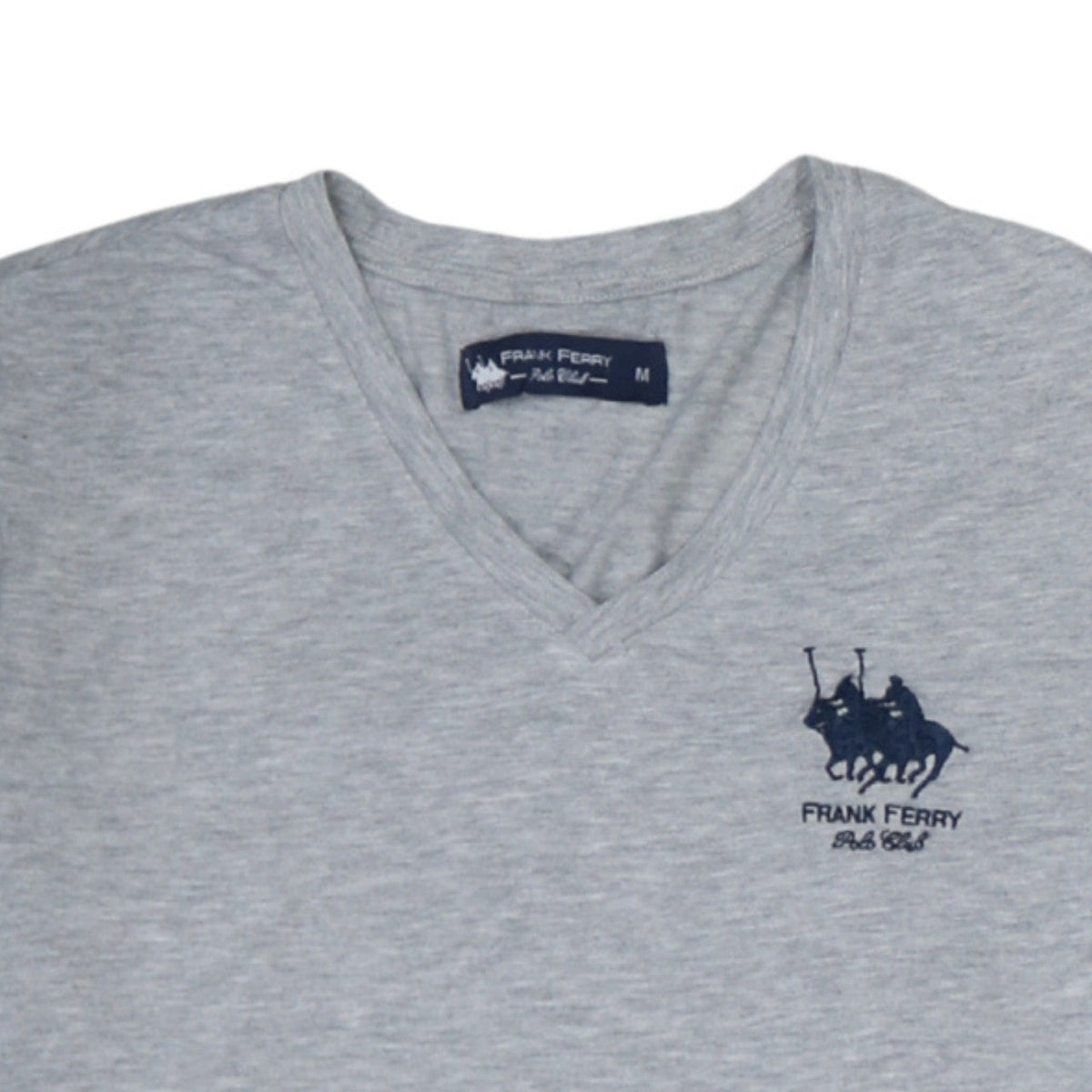 Frank Ferry Men Grey V-Neck Polo Club Embroidered T-Shirt M
