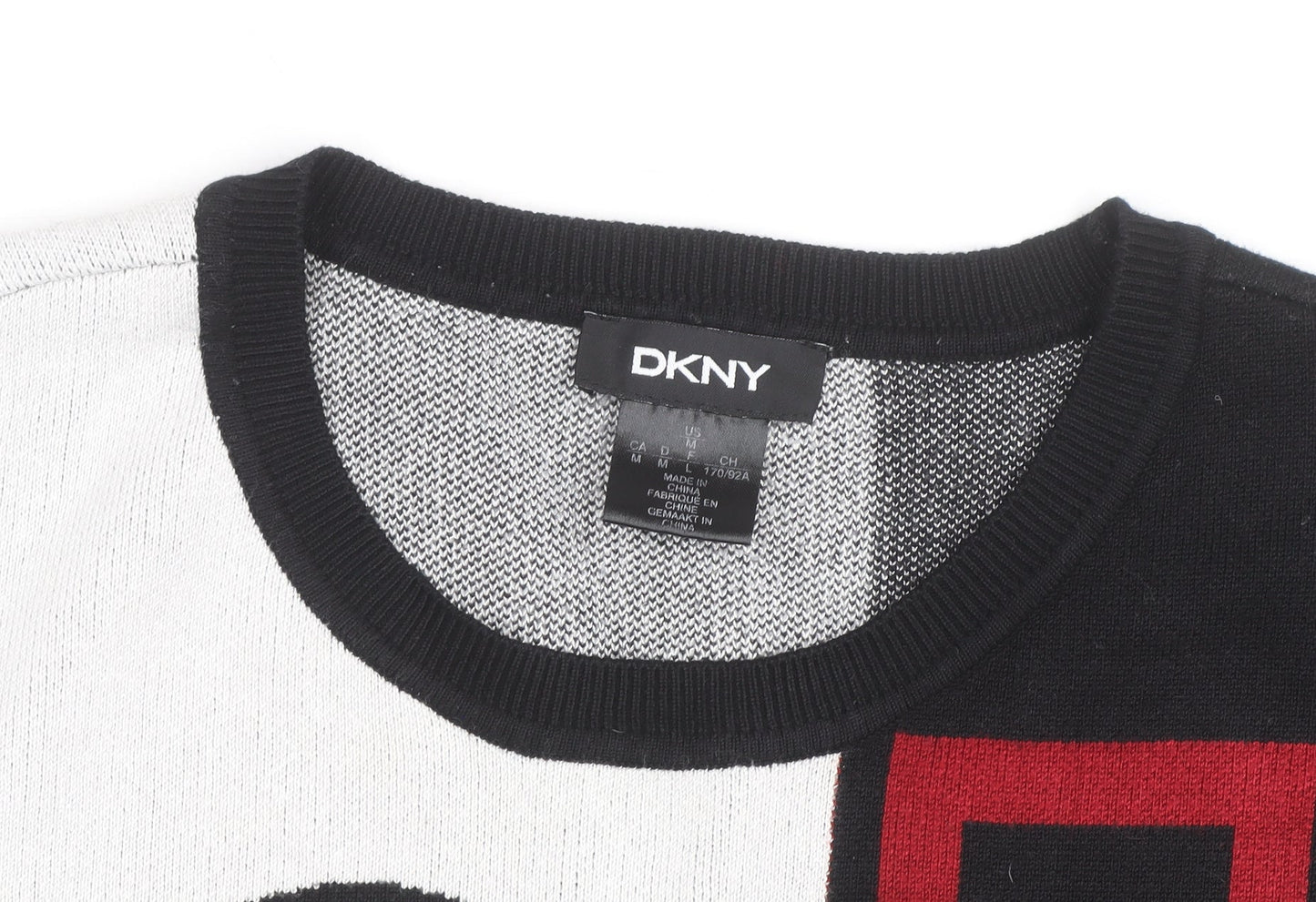 DKNY Women Black White Geometric Crew Neck Pullover Jumper Medium