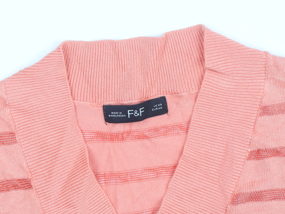 F&F Women's Pink Striped Knit Short Sleeve V-Neck Top XS