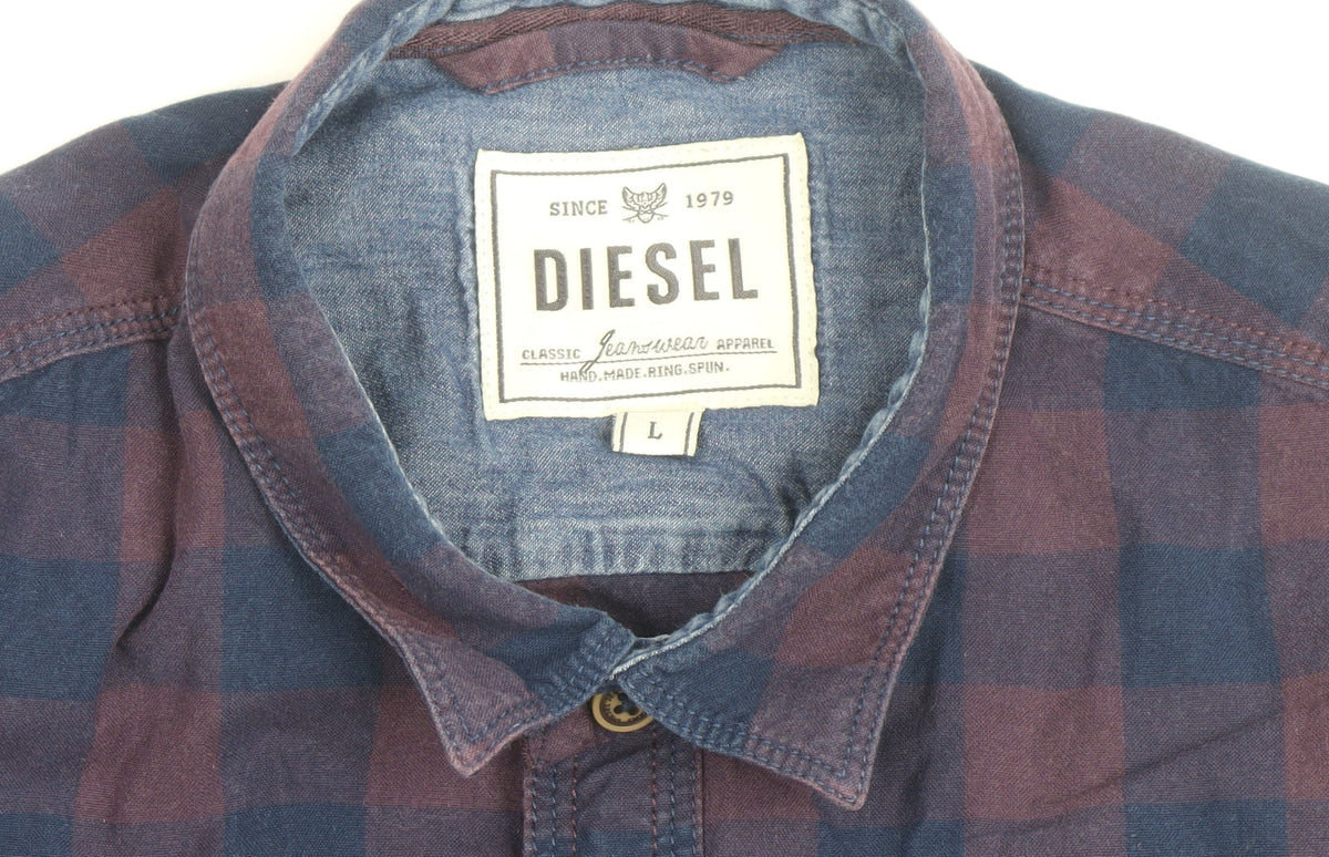 Diesel Men's Blue Checked Cotton Long Sleeve Button-Up Shirt L