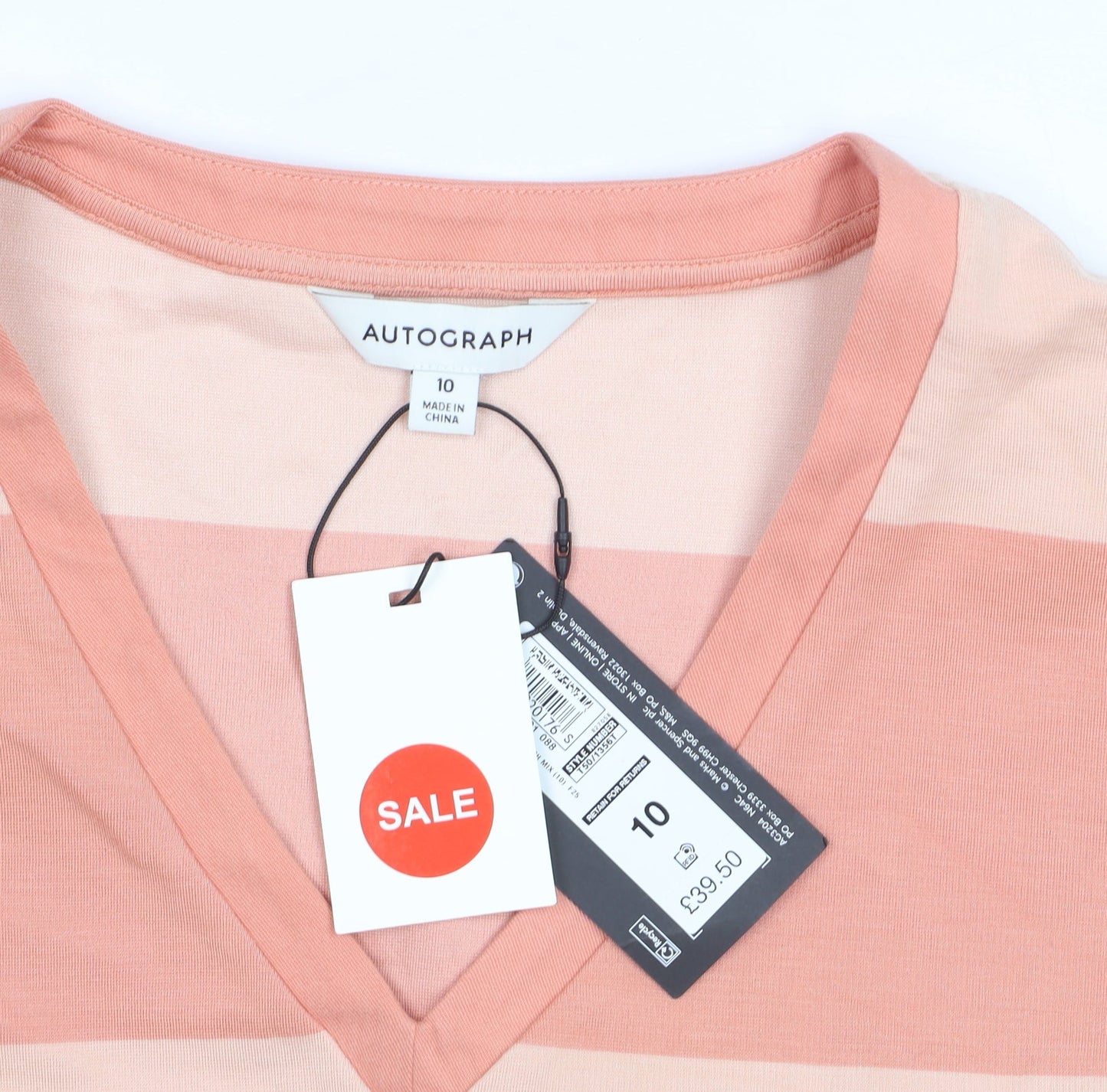 Marks and Spencer Autograph Women’s Pink Striped V-Neck T-Shirt Size 10