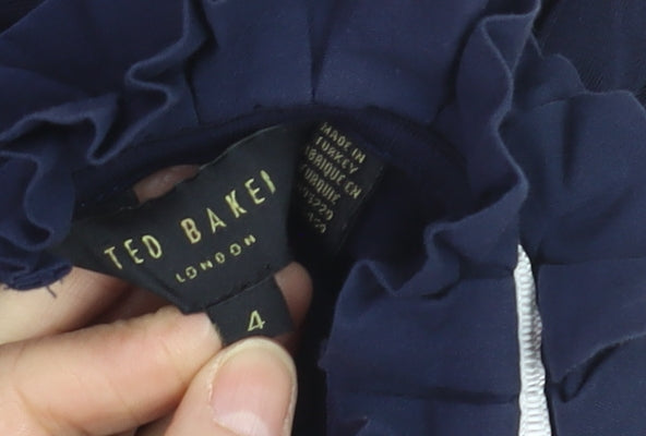 Ted Baker Women Blue Ruffle High Neck Long Sleeve Cotton Blouse Size 14