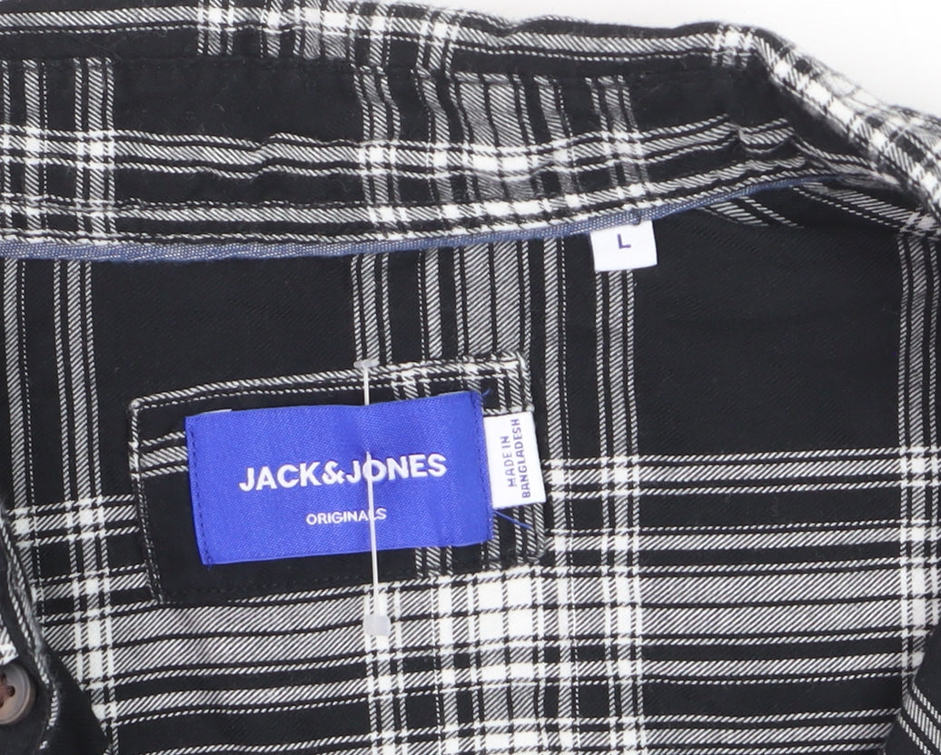 Jack & Jones Men's Black Check Cotton Long Sleeve Shirt L