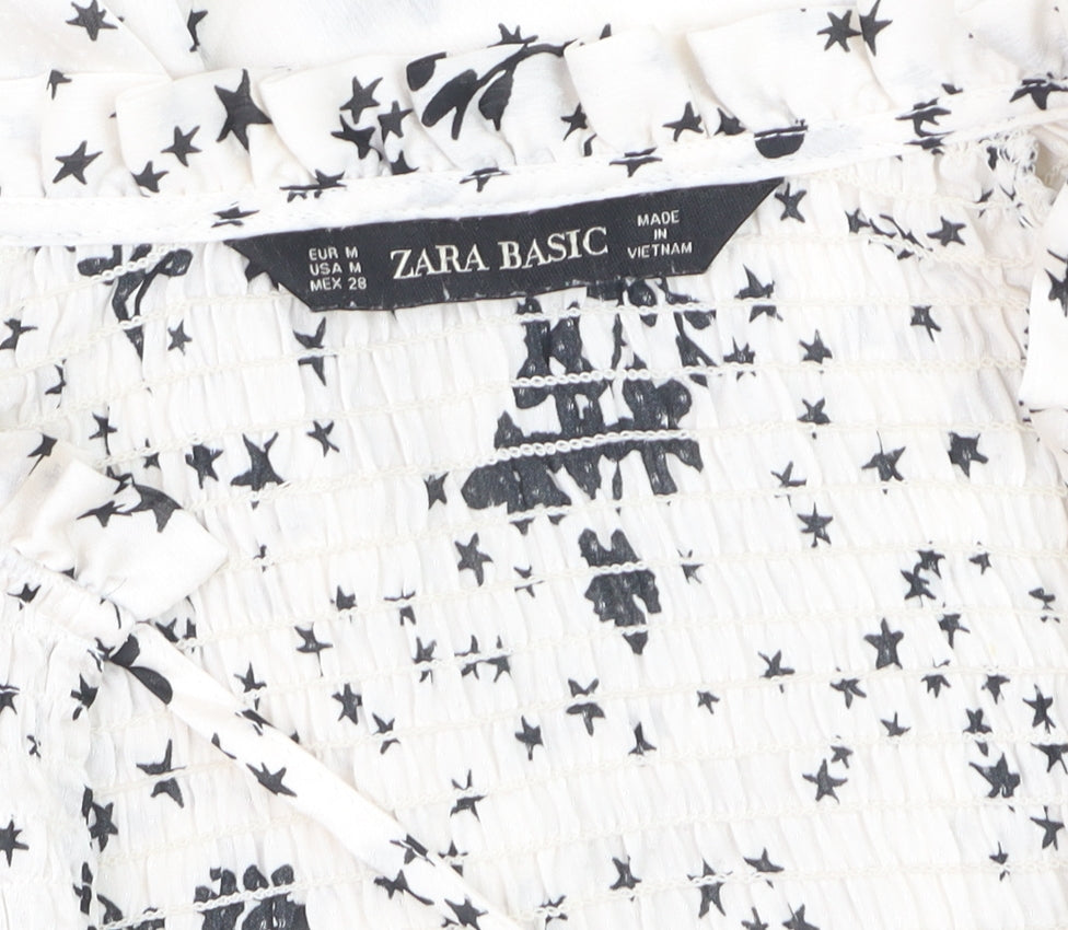 Zara Women White Floral Star Tunic Blouse Size 12 Long Sleeve