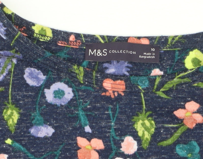 Marks & Spencer Women Blue Floral 3/4 Sleeve Linen Blend T-Shirt Size 10