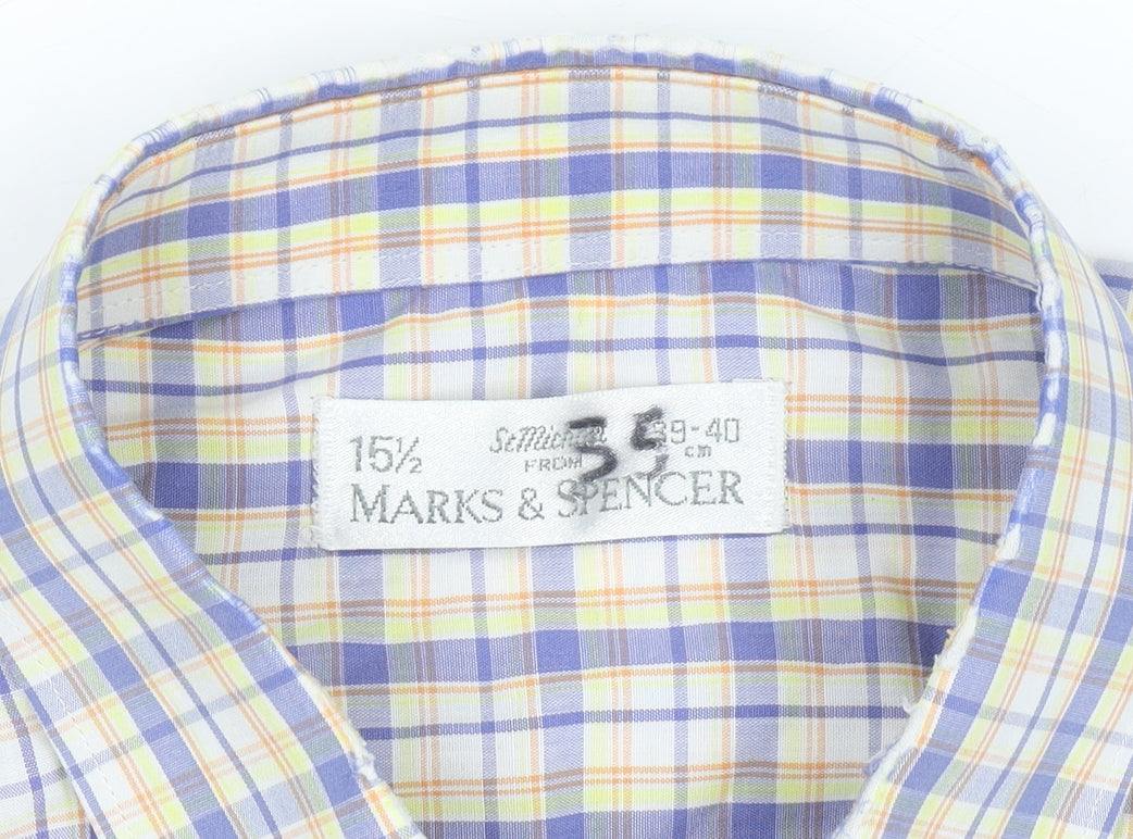 Marks and Spencer Men's Blue Check Short Sleeve Button-Up Shirt 15.5 Regular Fit