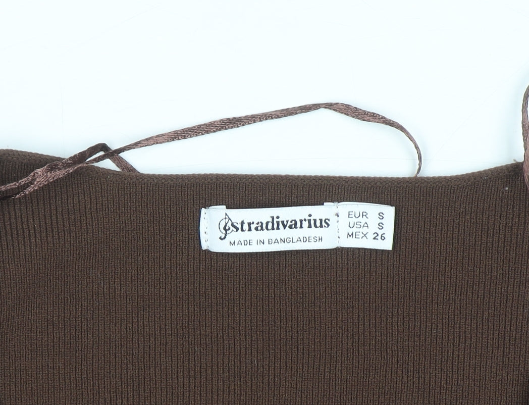 Stradivarius Women Brown V-Neck Long Sleeve Slim Knit Pullover Jumper Size 8