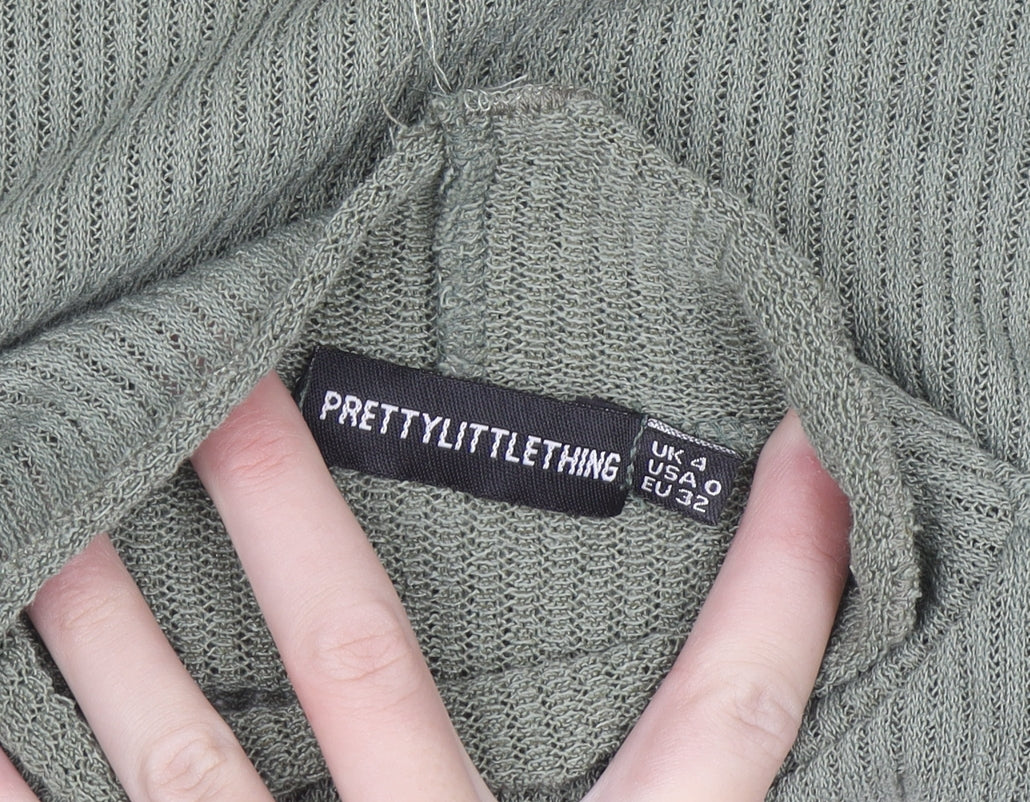 PRETTYLITTLETHING Women Green Mock Neck Ribbed Slim Fit Jumper Size 4