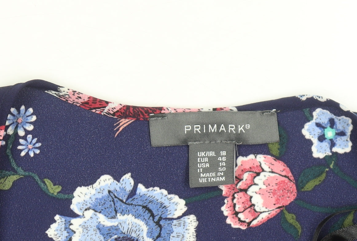 Primark Women's Navy Floral Long Sleeve Peplum Blouse Size 18