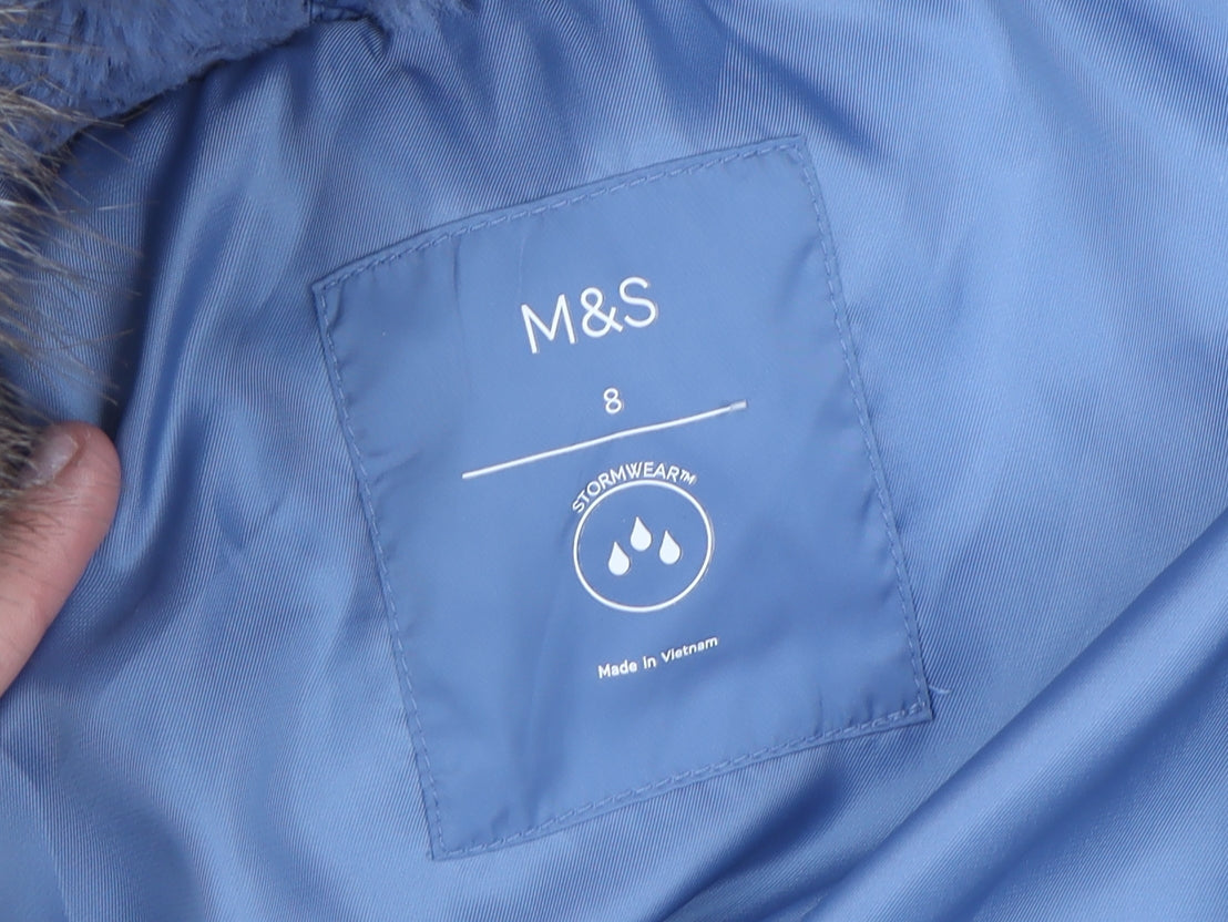 Marks and Spencer Women's Blue Puffer Coat Size 8 Long Hooded Stormwear