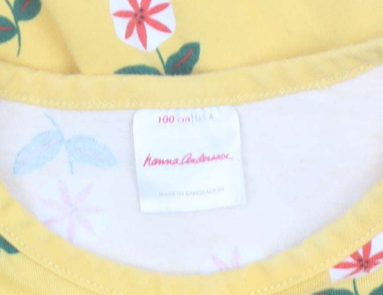 Hanna Andersson Girls Yellow Floral Cotton Skater Dress 4 Years