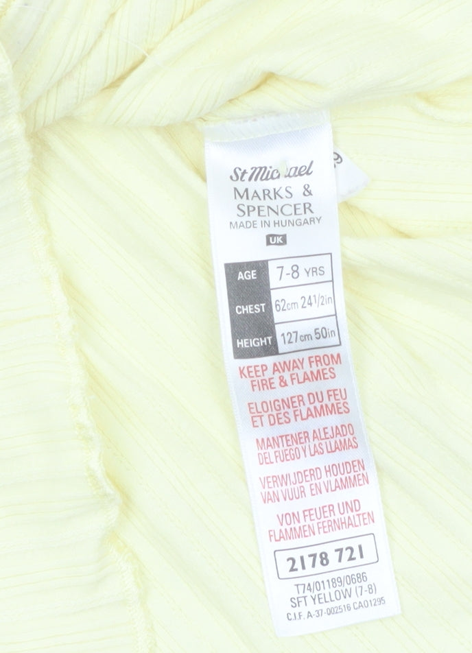 Marks & Spencer Girls Yellow Button-Up Top 7-8 Years Cotton V-Neck