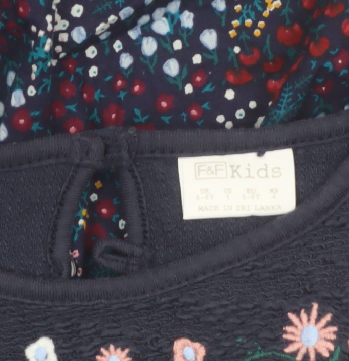 F&F Girls Blue Floral Embroidered Long Sleeve Cotton Shift Dress 5-6 Years