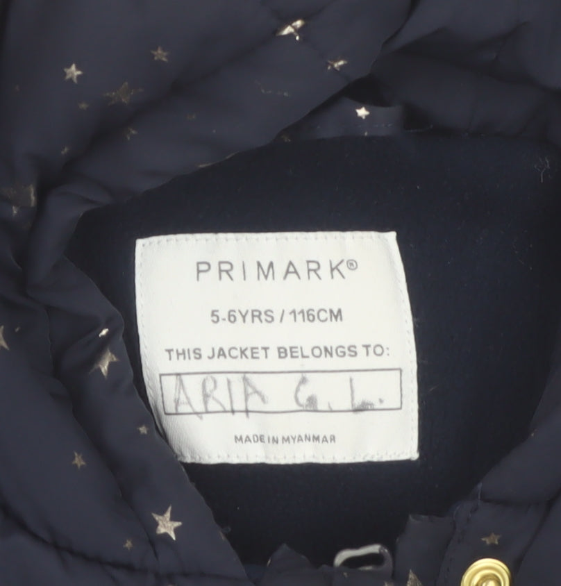 Primark Girls Blue Star Print Hooded Puffer Jacket Coat 5-6 Years
