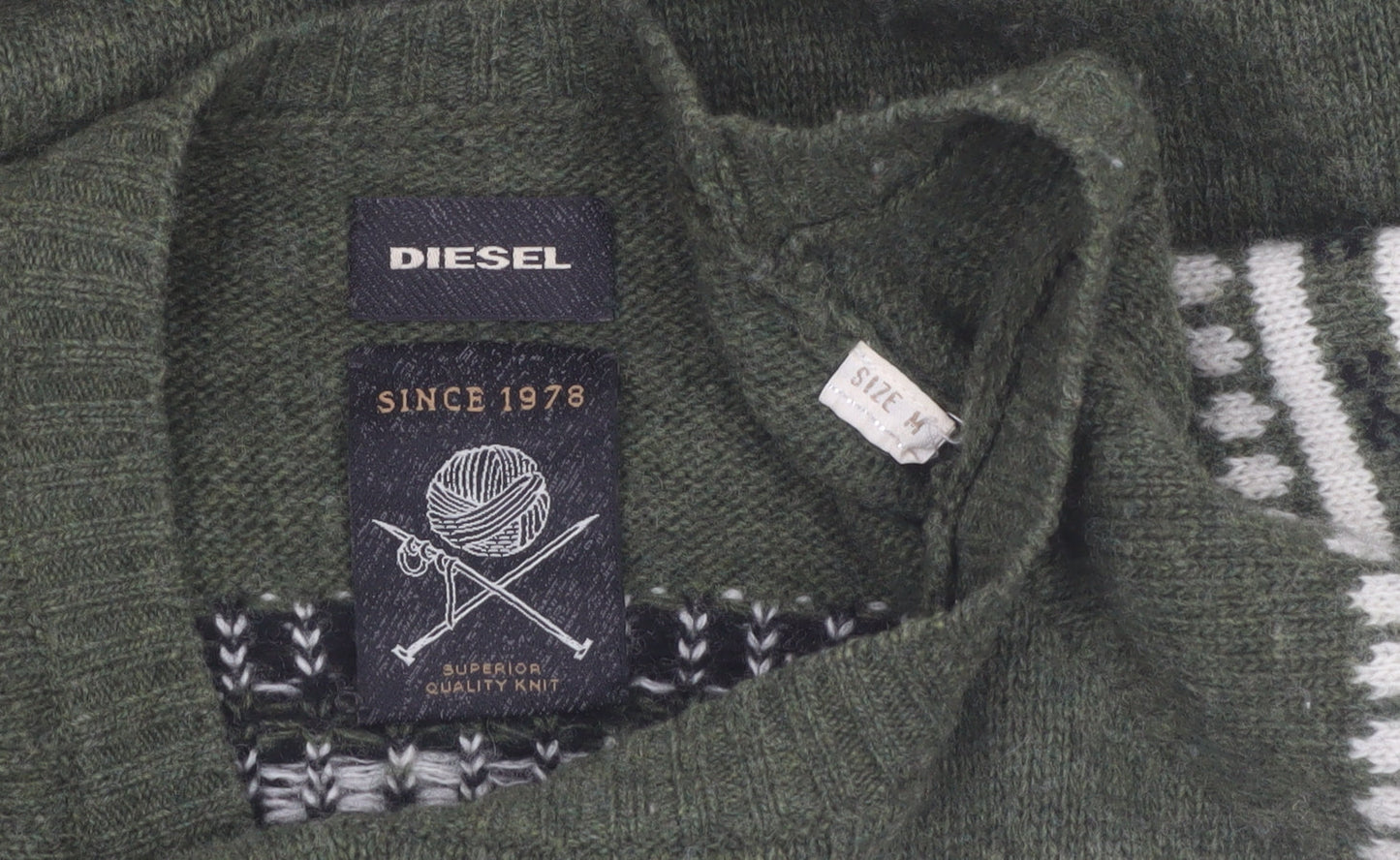 Diesel Men's Green Wool Argyle Crew Neck Jumper Size M
