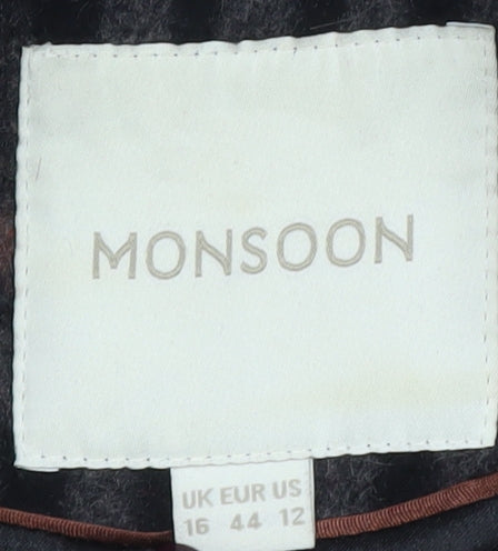 Monsoon Women's Black Checked Wool Blend Mid-Length Coat Size 16