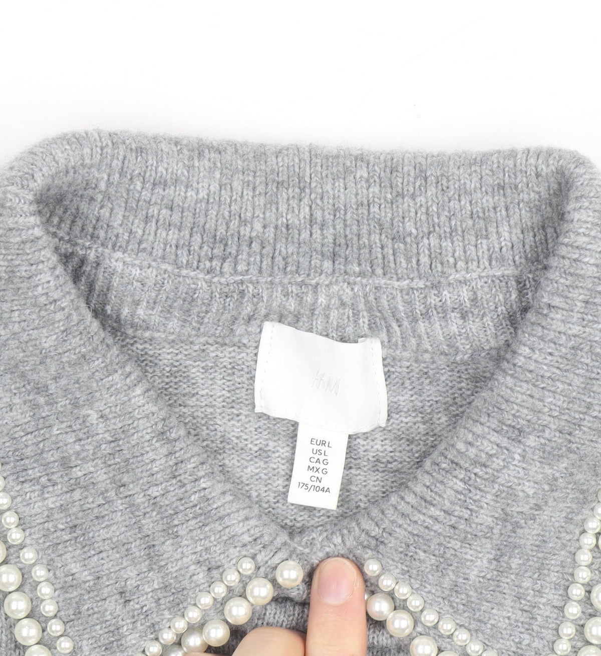 H&M Women Grey Beaded Collar Knit Pullover Jumper Size L