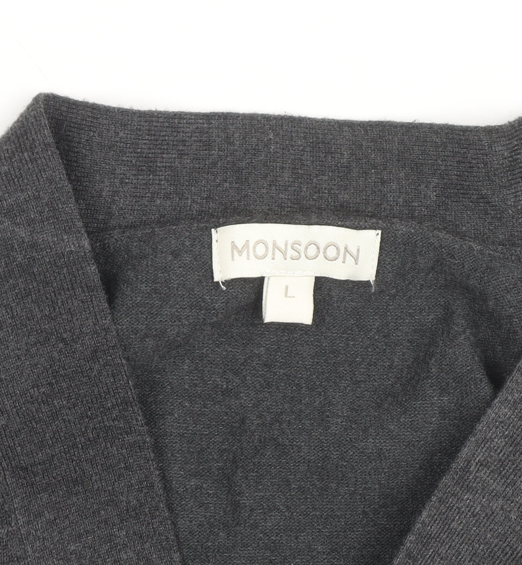 Monsoon Women Grey L Cardigan Beaded Open-Knit V-Neck Long Sleeve