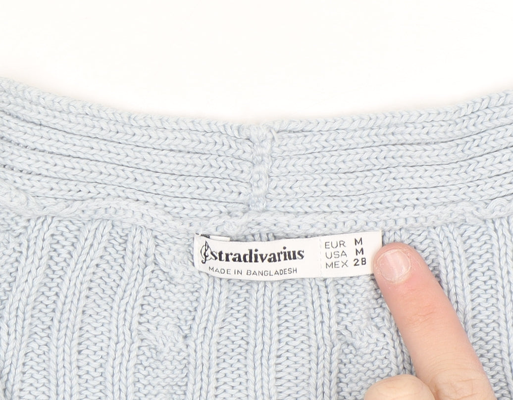 Stradivarius Women's Blue Cotton Cable Knit V-Neck Cardigan Size 12