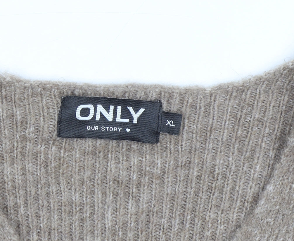 ONLY Womens Beige V-Neck Ribbed Knit Long Sleeve Pullover Jumper XL