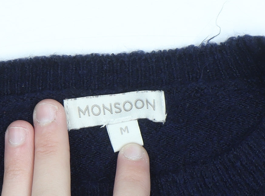 Monsoon Women Blue Medium Pullover Jumper Acrylic Knit Crew Neck