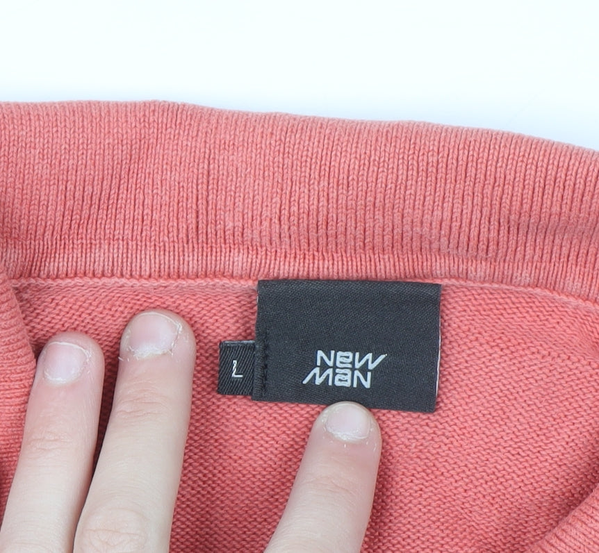 New Man Men's Pink Cotton Collared Henley Jumper Size L